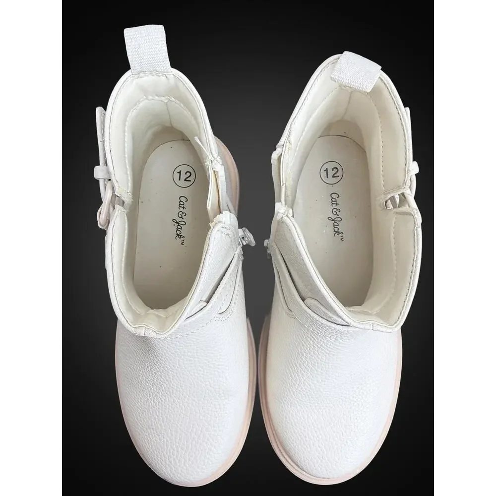 Cat & Jack Girls Bootie US 12 White Ankle Buckle Zip Round Toe Non-Marking